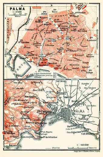 Palma (Palma de Mallorca) city map, 1913. Environs of Palma