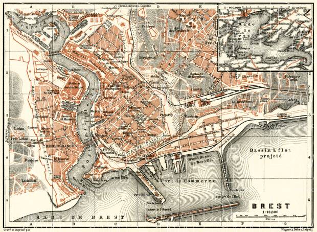 Old map of Brest in 1913. Buy vintage map replica poster print or