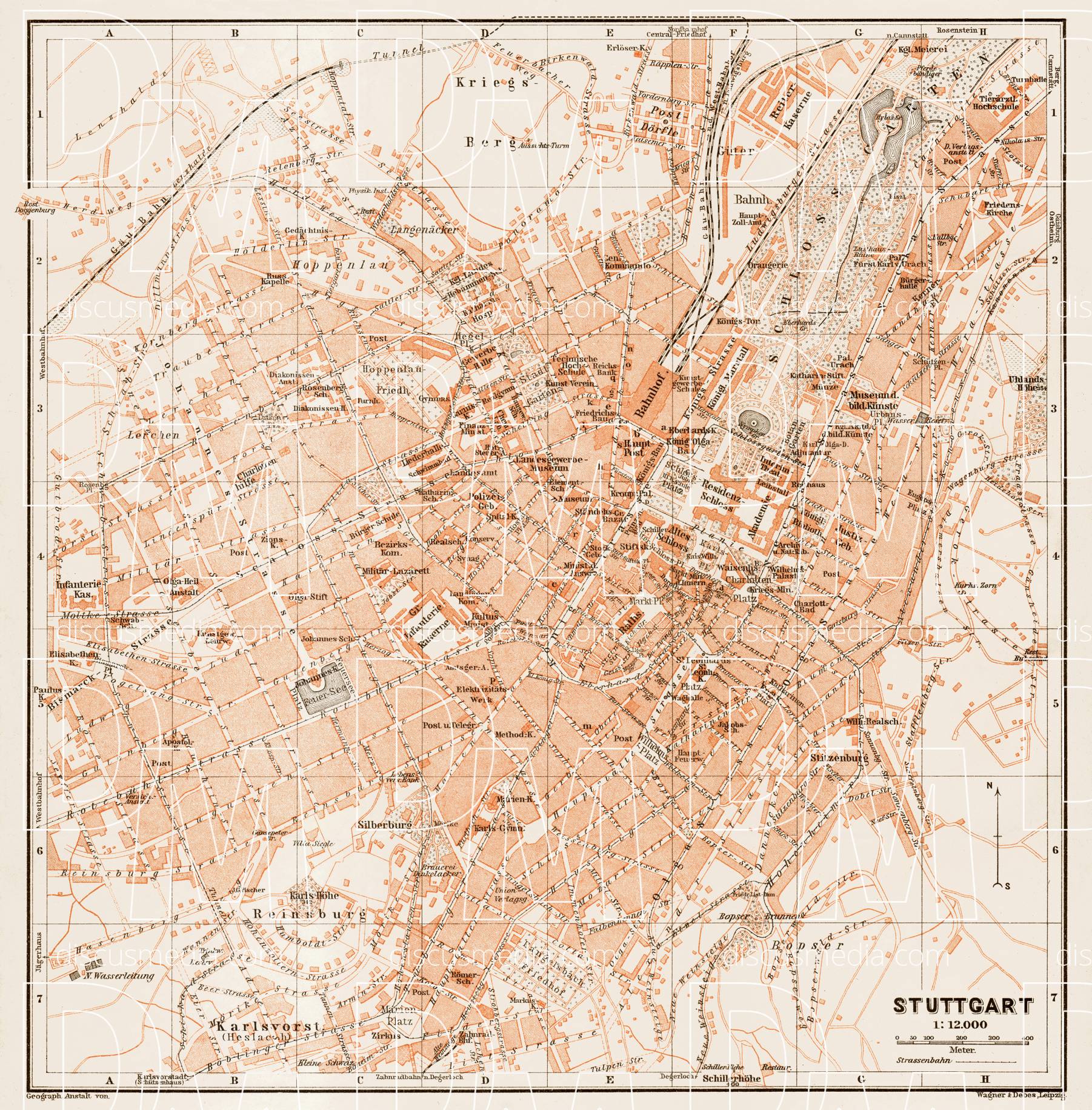 Old map of Stuttgart in 1909. Buy vintage map replica poster print or