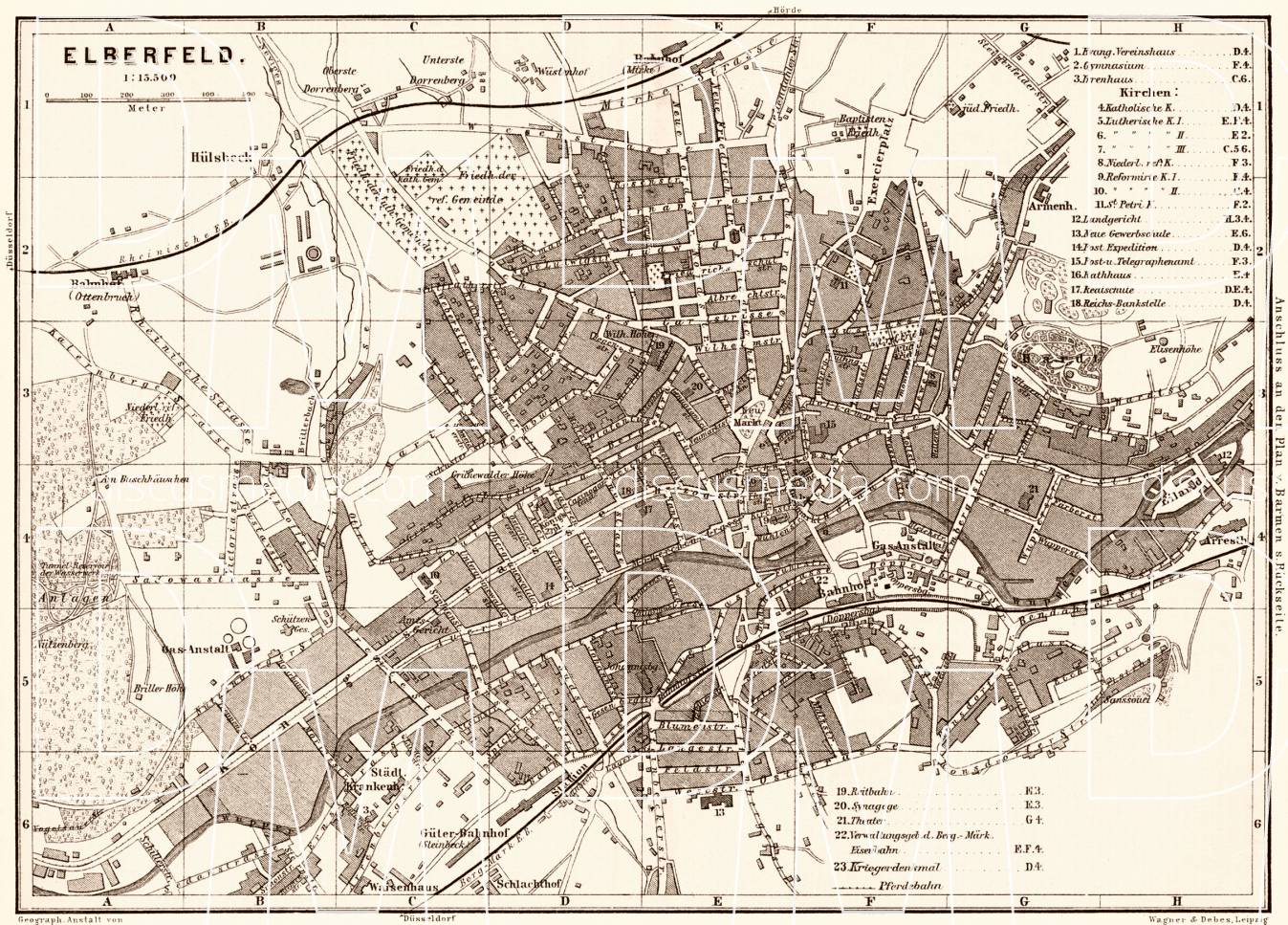 Old map of Elberfeld in 1887. Buy vintage map replica poster print or