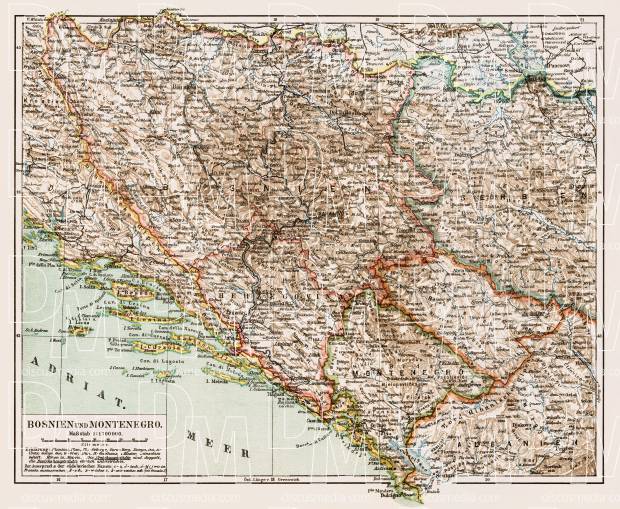 Old map of Bosnia and Montenegro in 1903. Buy vintage map replica ...