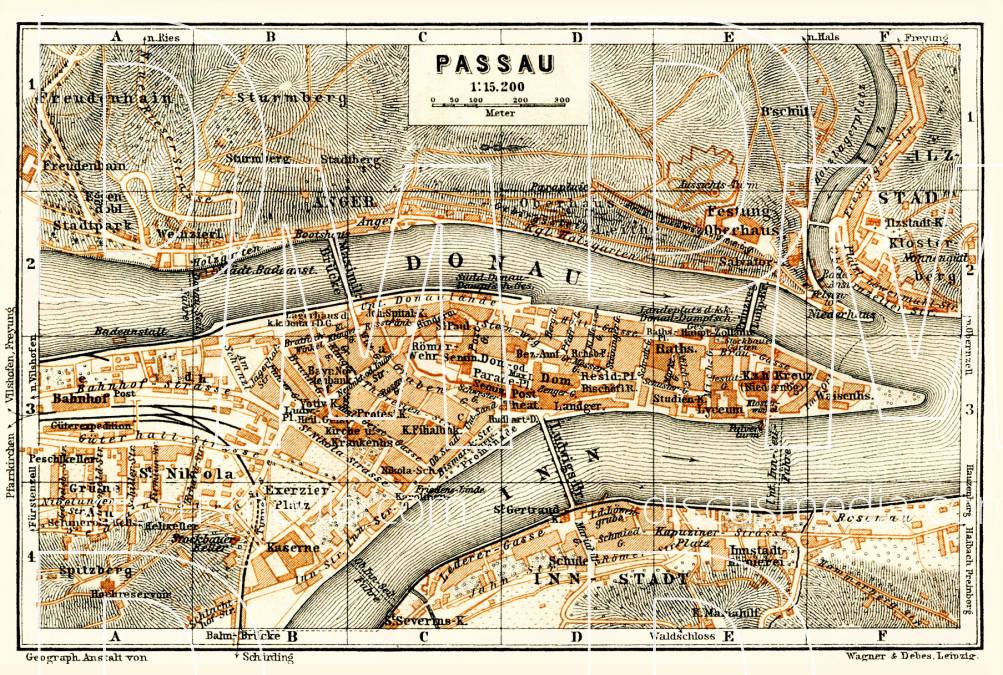 Old map of Passau in 1911. Buy vintage map replica poster print or download picture