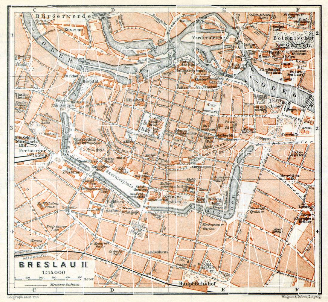 Old map of Breslau (Wrocław) Center in 1906. Buy vintage map replica