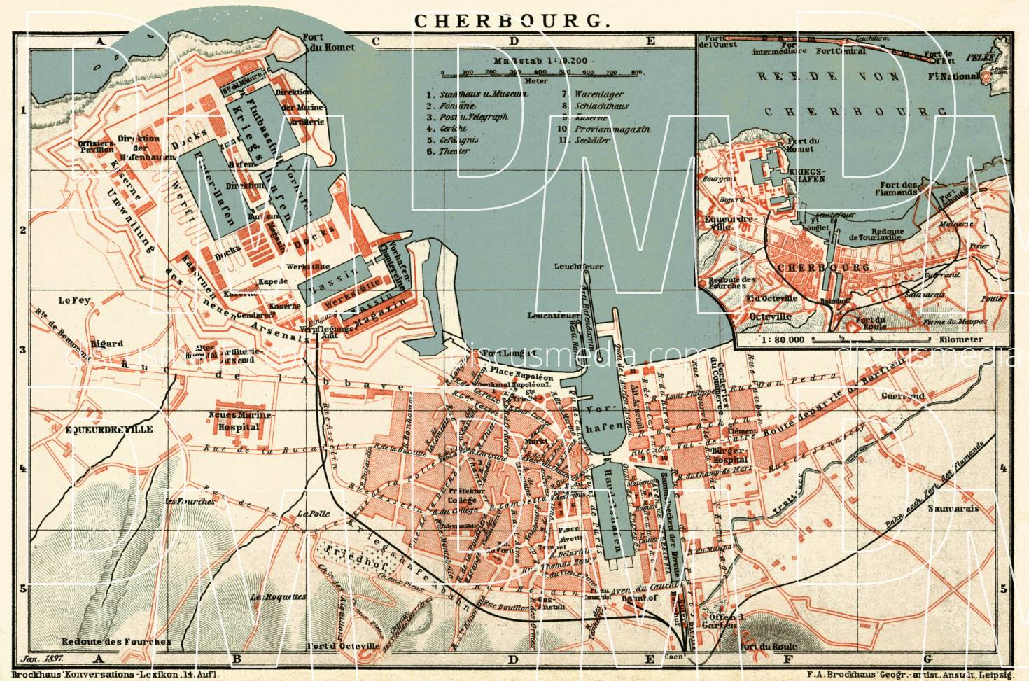 Old map of Cherbourg in 1897. Buy vintage map replica poster print or