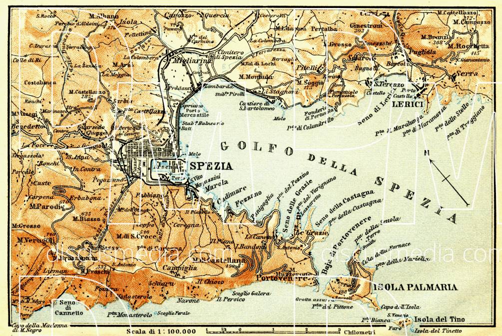 Old map of the vicinity of Spezia in 1908. Buy vintage map replica ...