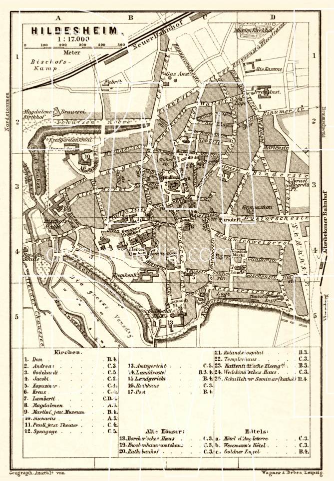 Old map of Hildesheim in 1887. Buy vintage map replica poster print or