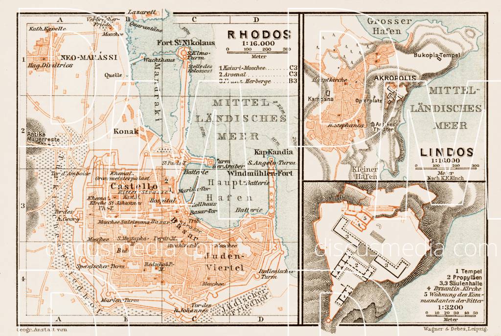 Old map of Rhodes and Lindos in 1914. Buy vintage map replica poster ...