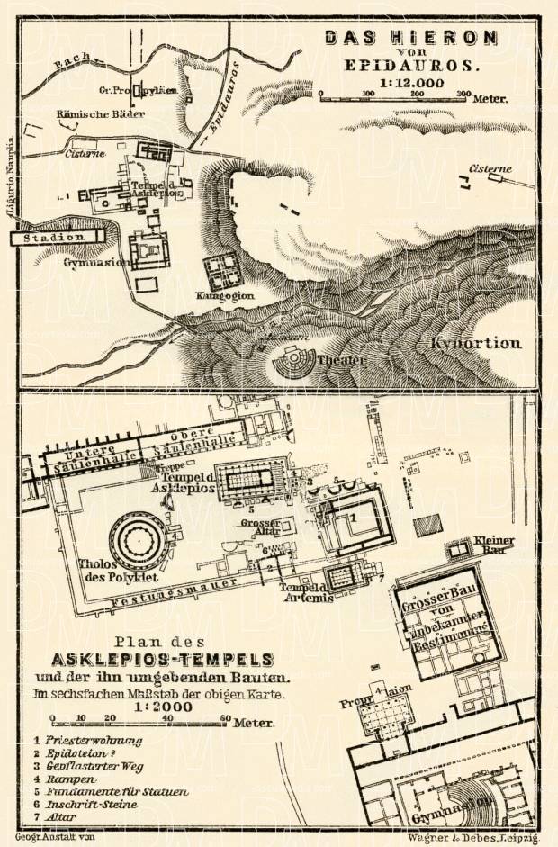 Old map of Epidaurus, Hieron and asclepieion in 1908. Buy vintage map ...