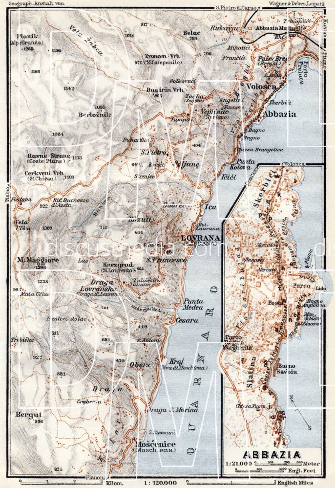 Old map of Abbazia (Opatija) in 1929. Buy vintage map replica poster