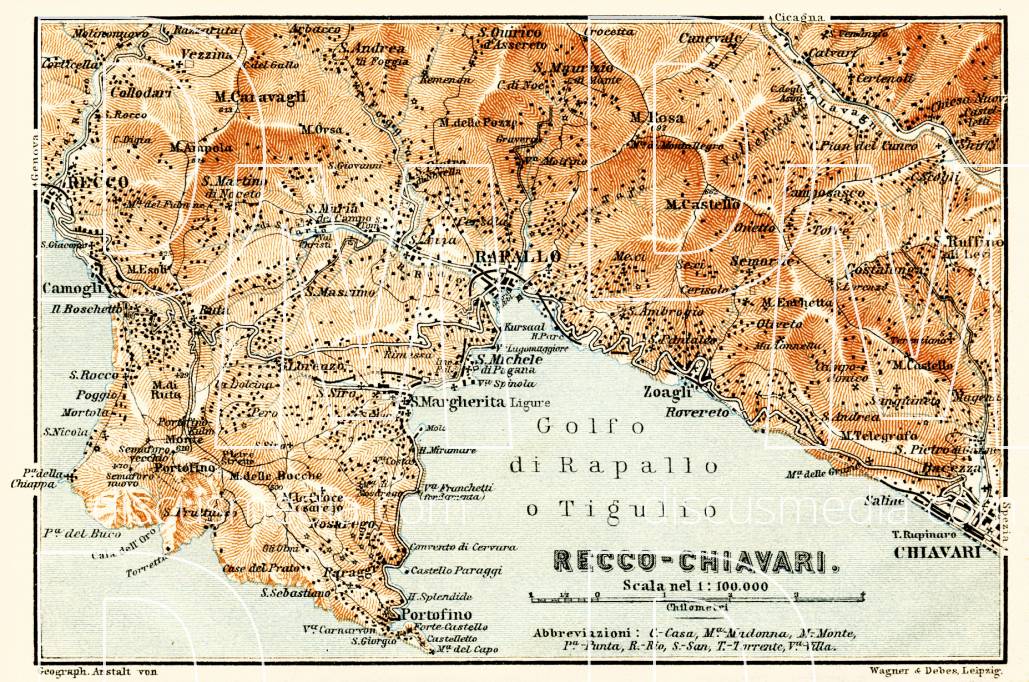 Old map of Recco-Chiavari in 1908. Buy vintage map replica poster print ...