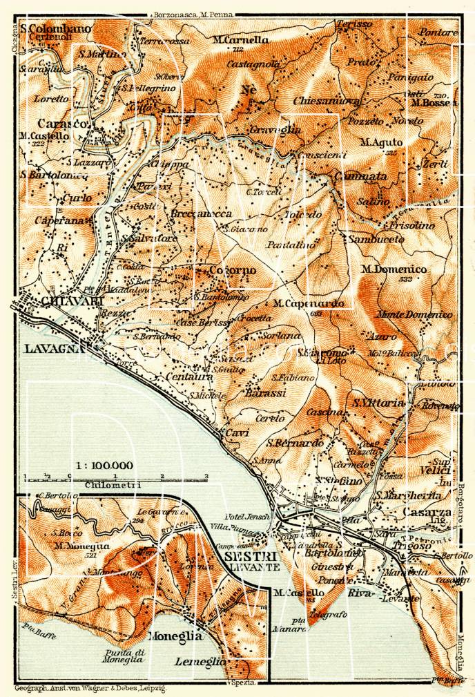 Old map of the vicinity of Sestri Levante in 1908. Buy vintage map ...