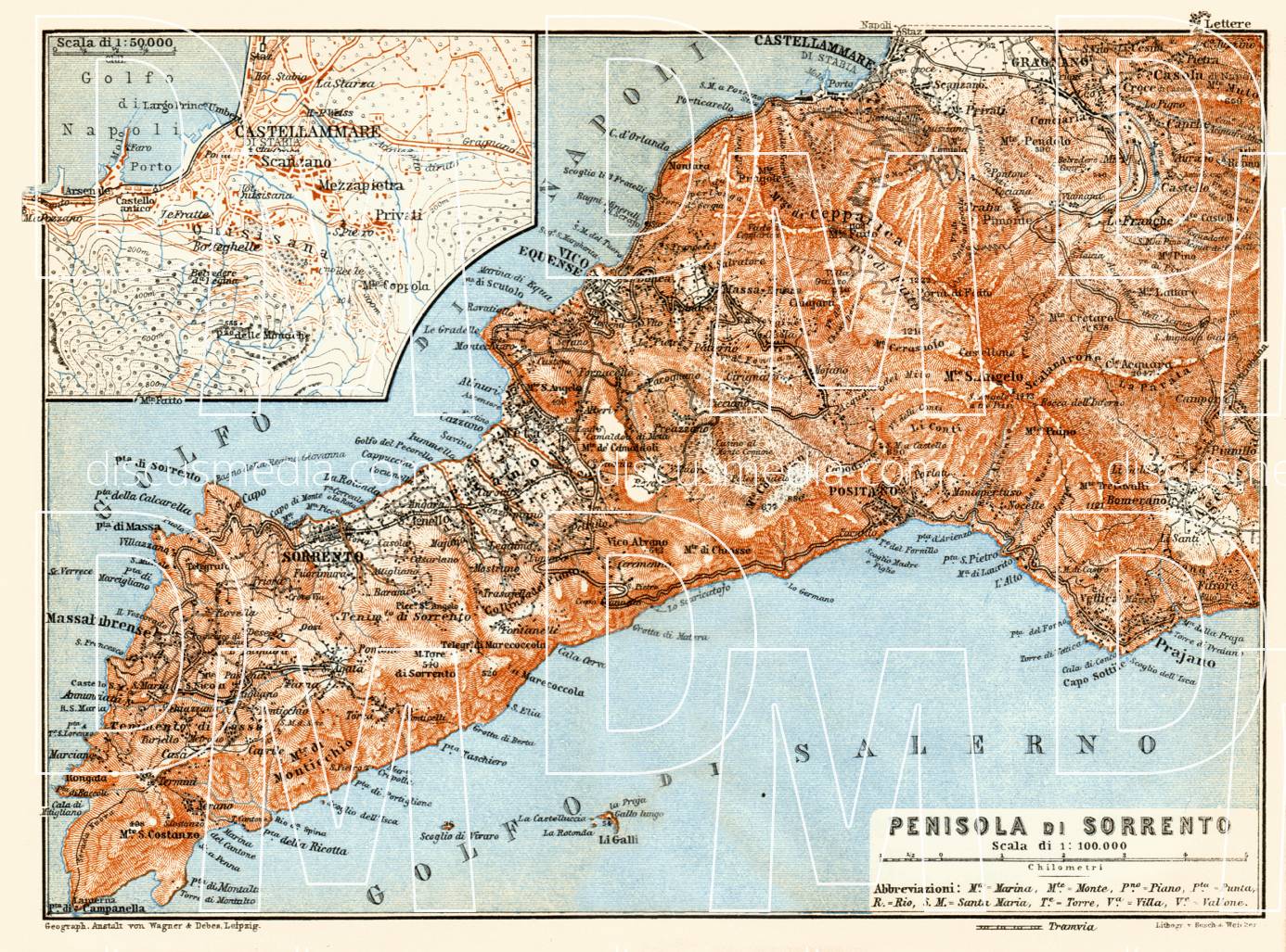 Old map of the Sorrentine Peninsula in 1912. Buy vintage map replica ...