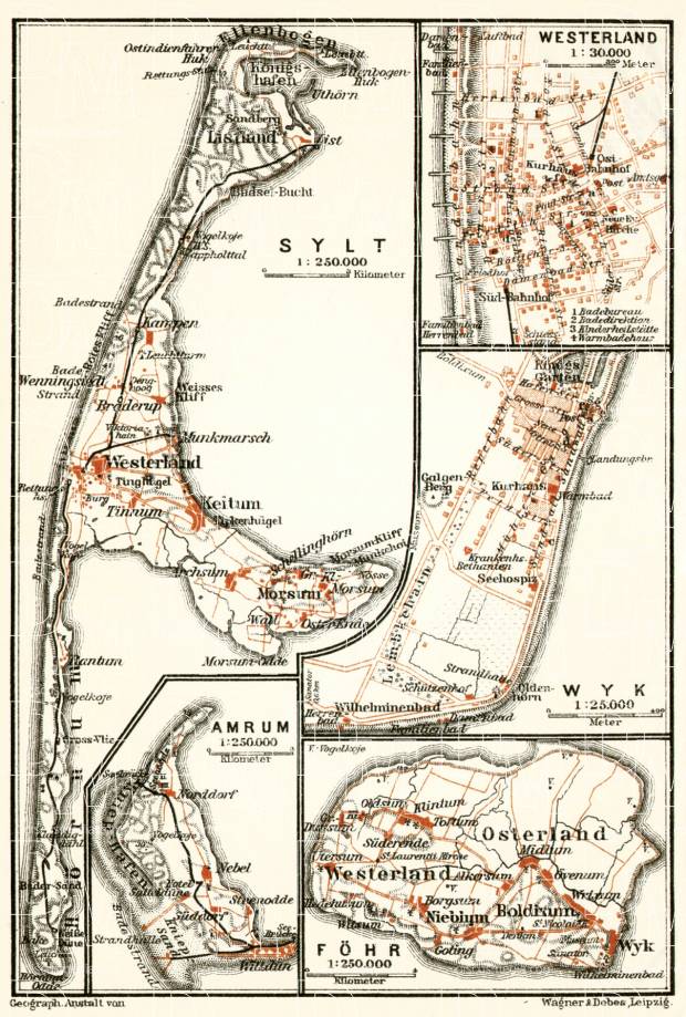 Old map of North Frisian Isles (Sylt, Amrum, Föhr, Wyk and Westerland ...