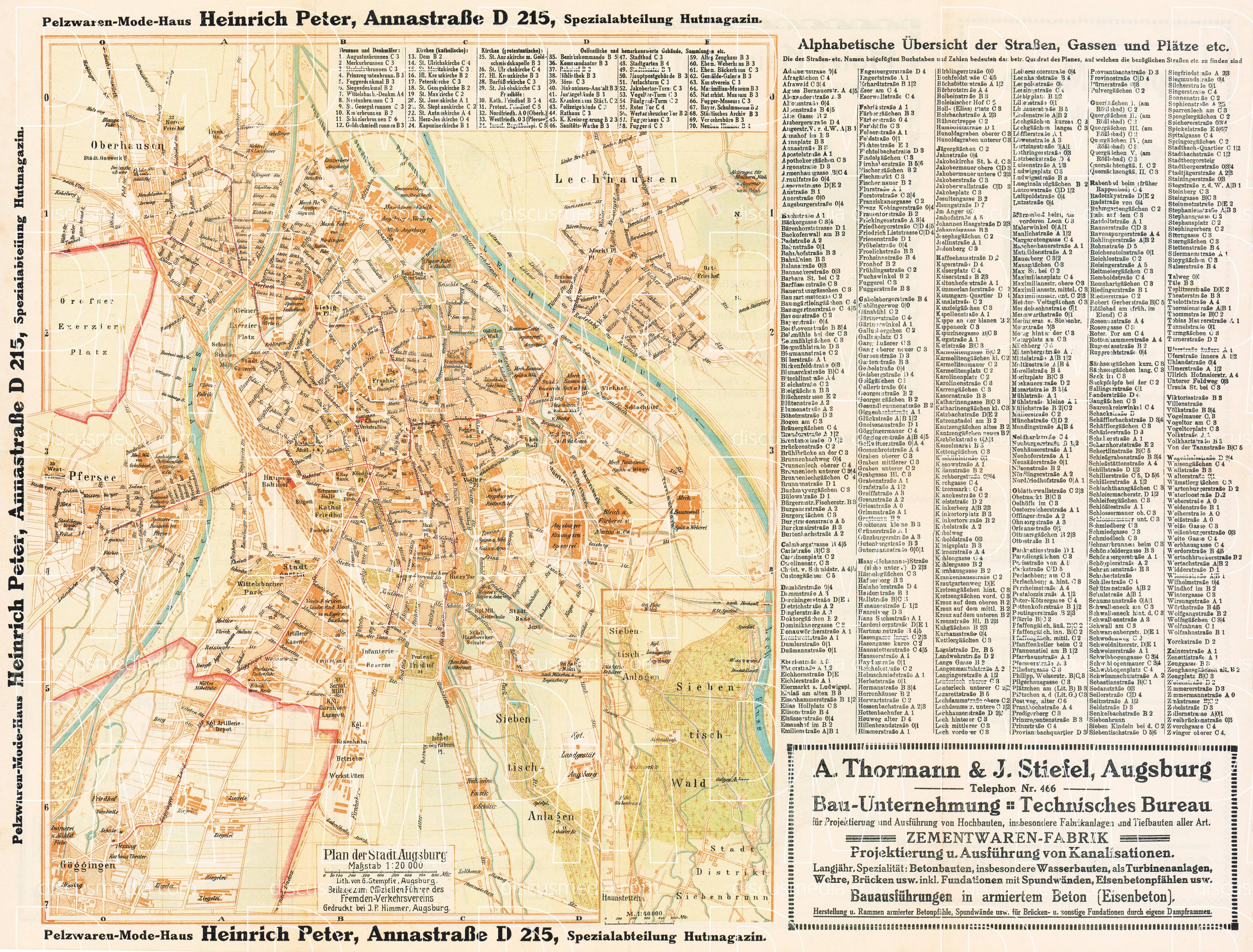 Old map of Augsburg in Bavaria in 1914. Buy vintage map replica poster print or download picture