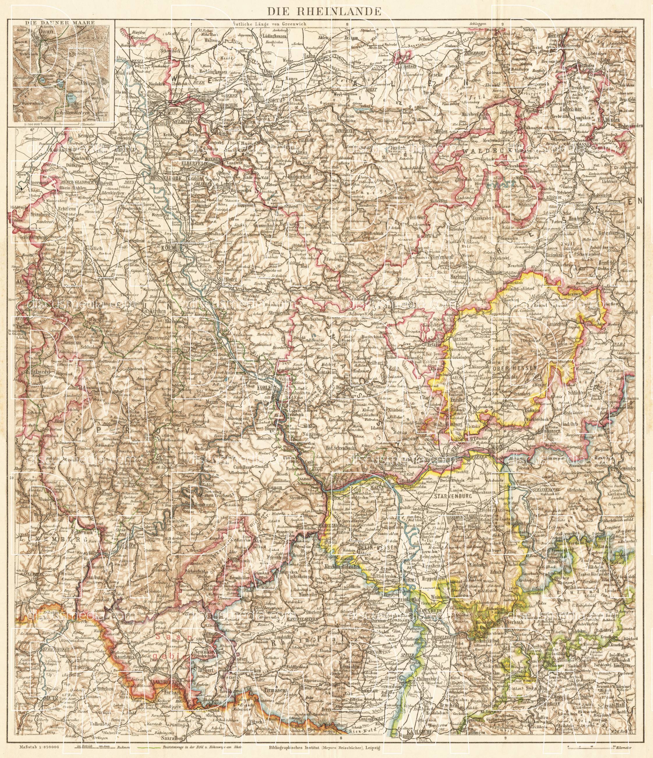 Old map of the Rhinelands and the Maars of Daun in 1927. Buy vintage ...