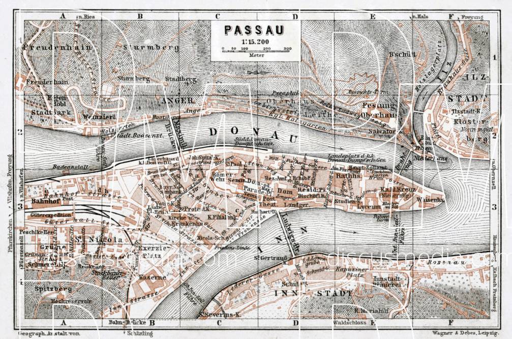 Old map of Passau in 1910. Buy vintage map replica poster print or