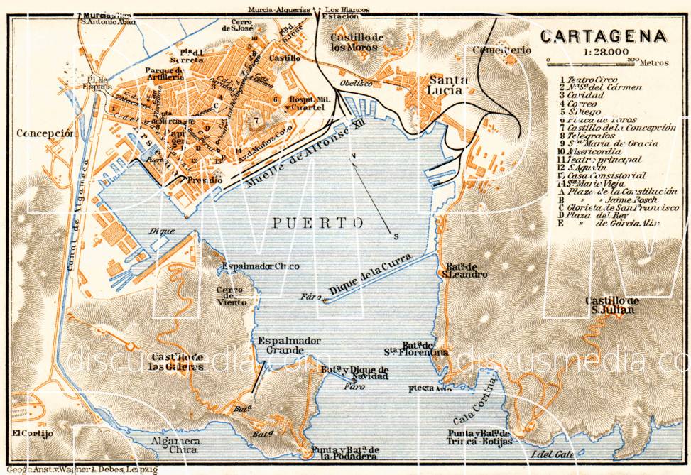 Old map of Cartagena in 1929. Buy vintage map replica poster print or 