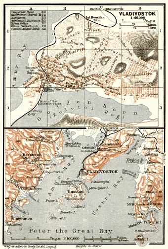 Vladivostok (Владивостокъ), city map. Vladivostok environs map, 1914