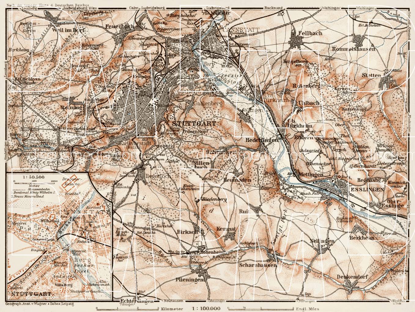 Old map of Stuttgart vicinity in 1909. Buy vintage map replica poster