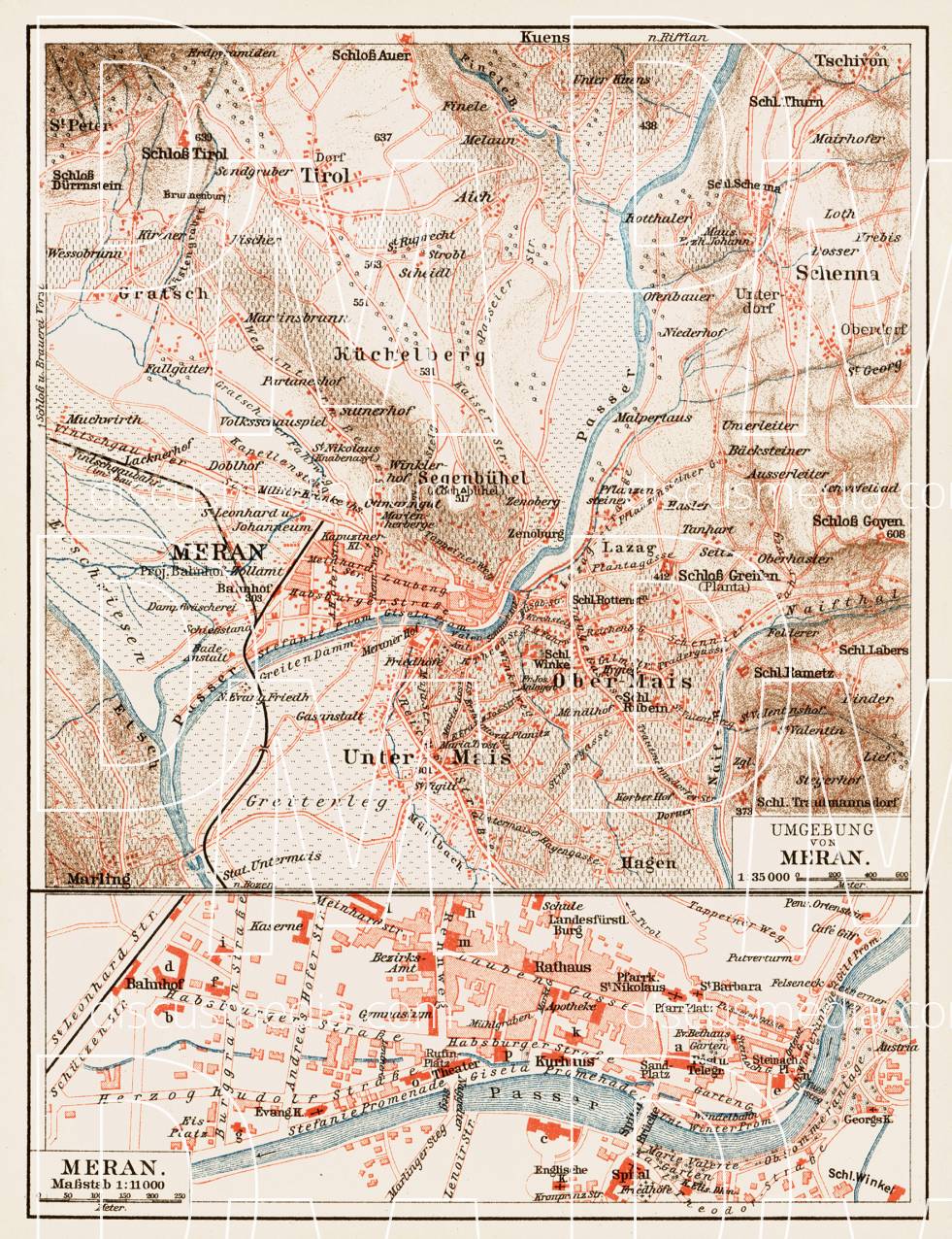 Old map of Meran (Merano) in 1903. Buy vintage map replica poster print