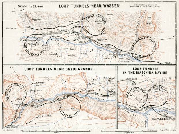 Old map of the loop tunnels of the St Gotthard railway in ...