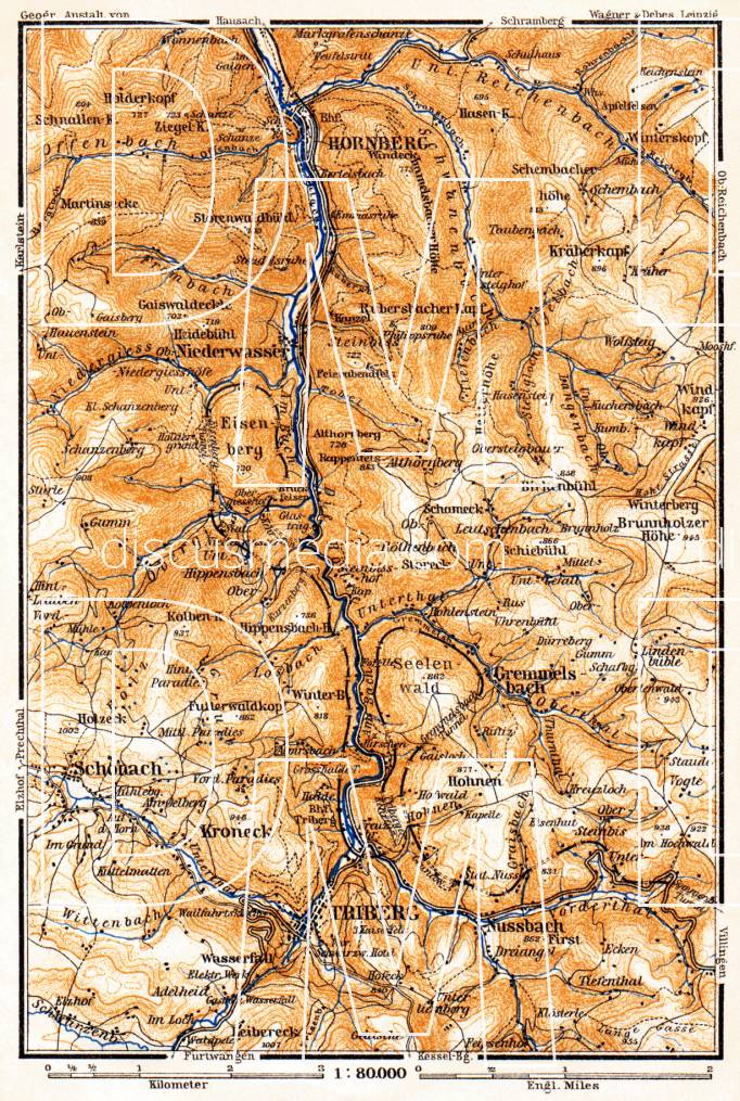 Old map of Schwarzwald (the Black Forest) from Hornberg to Triberg in ...