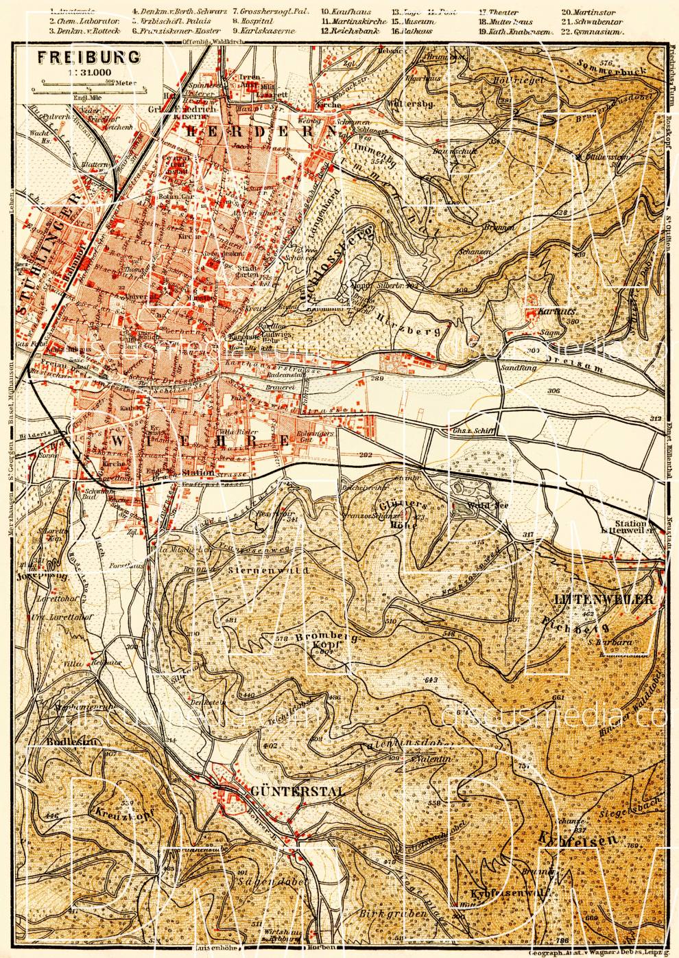 Old map of Freiburg vicinity in 1908. Buy vintage map replica poster