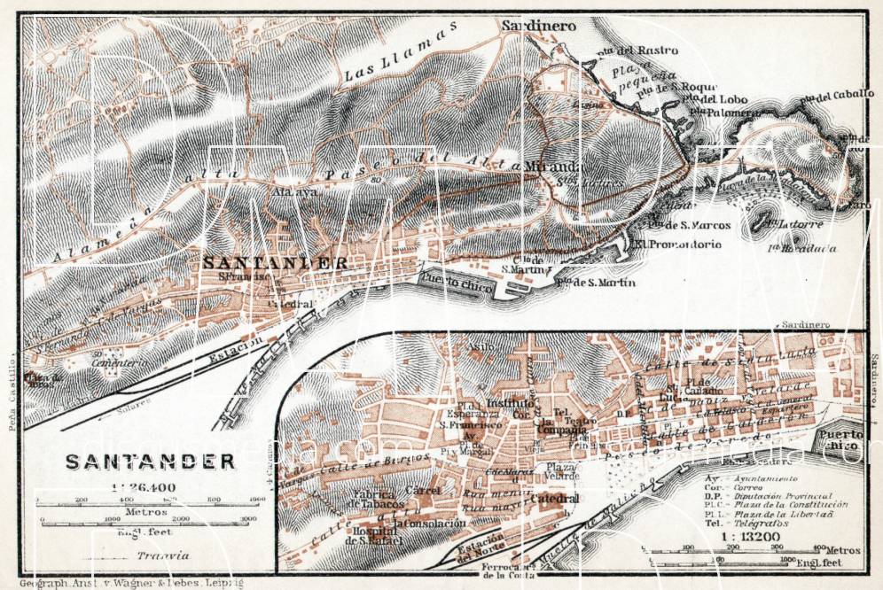 Old map of Santander in 1913. Buy vintage map replica poster print or 