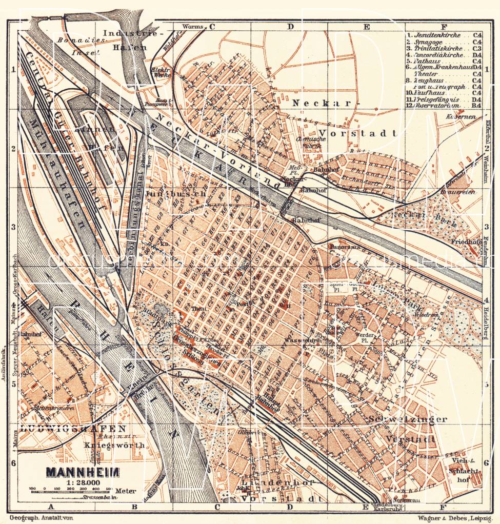 Old map of Mannheim in 1905. Buy vintage map replica poster print or