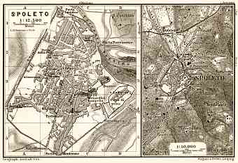 Spoleto town plan. Environs of Spoleto map, 1909