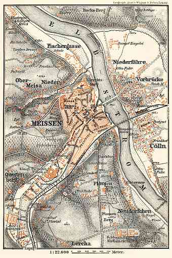 Meissen (Meißen) city map, 1887