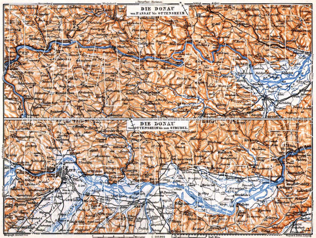 Old map of Danube River course from Passau to Strudel in 1911. Buy ...