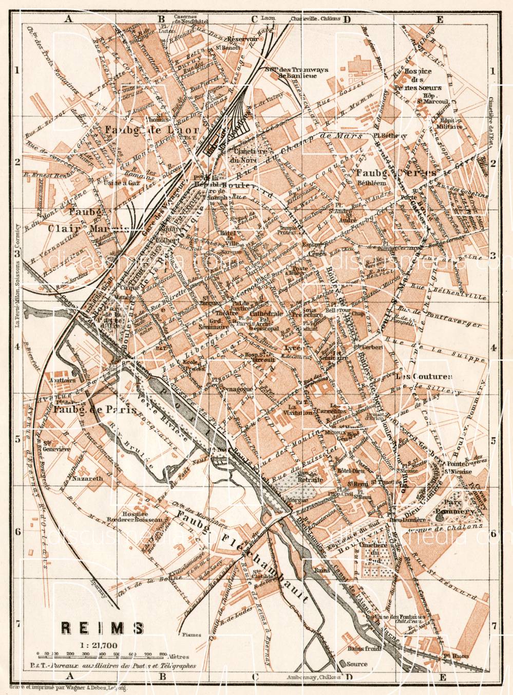 Old map of Reims in 1909. Buy vintage map replica poster print or 