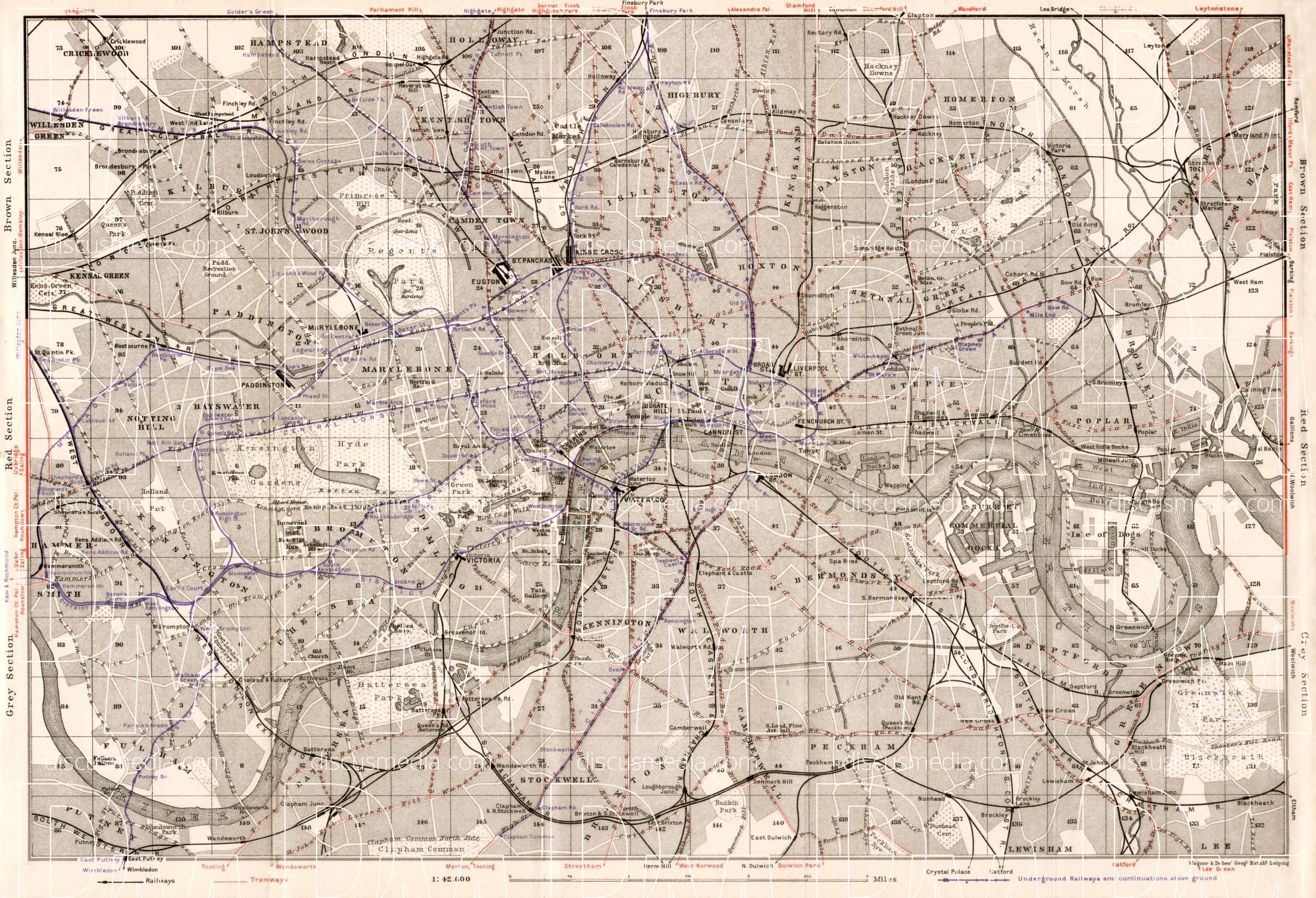 Old map of London tramway and the Tube networks in 1909. Buy vintage ...