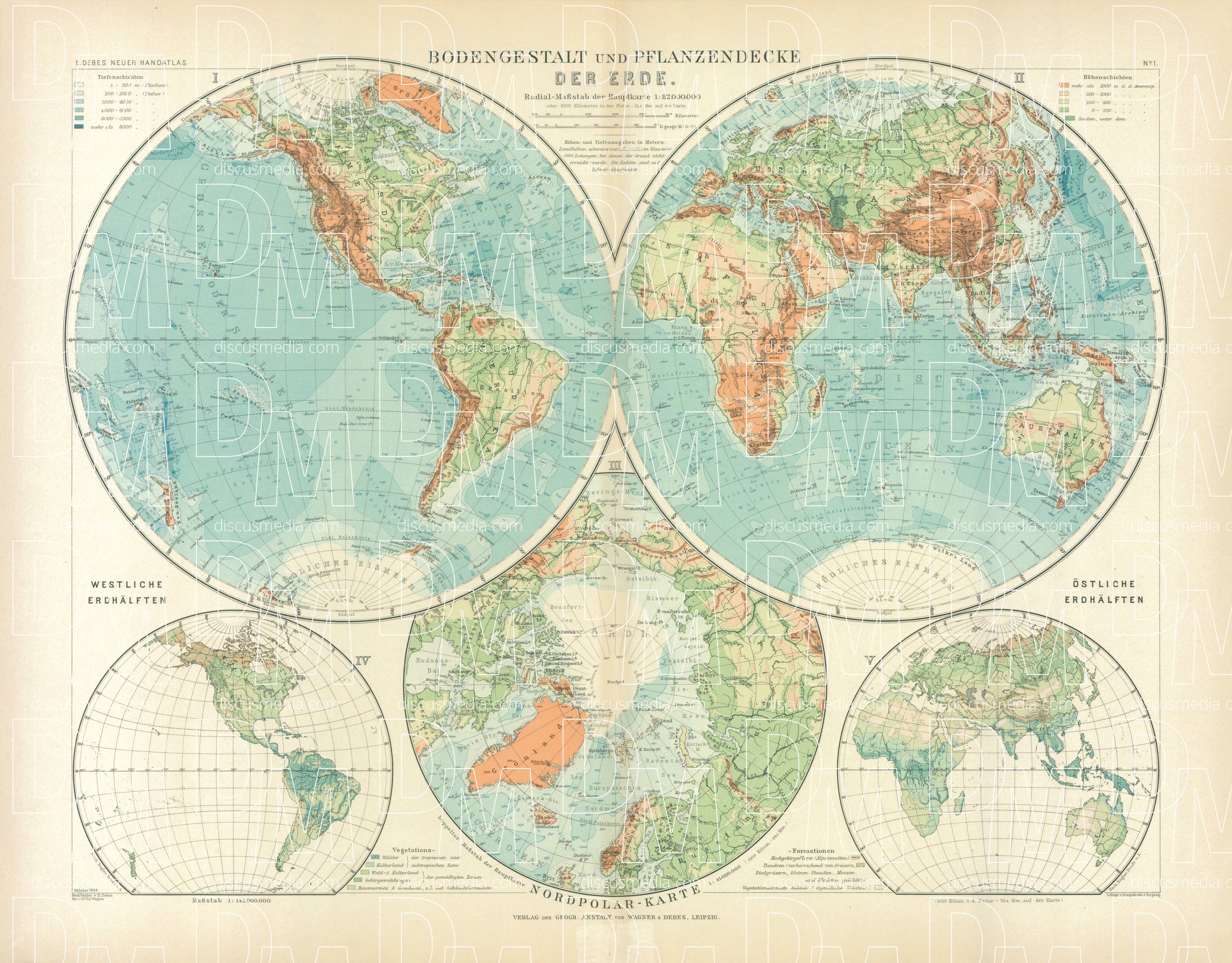 Old map of the Eastern and Western hemispheres of the Earth in 1905 ...