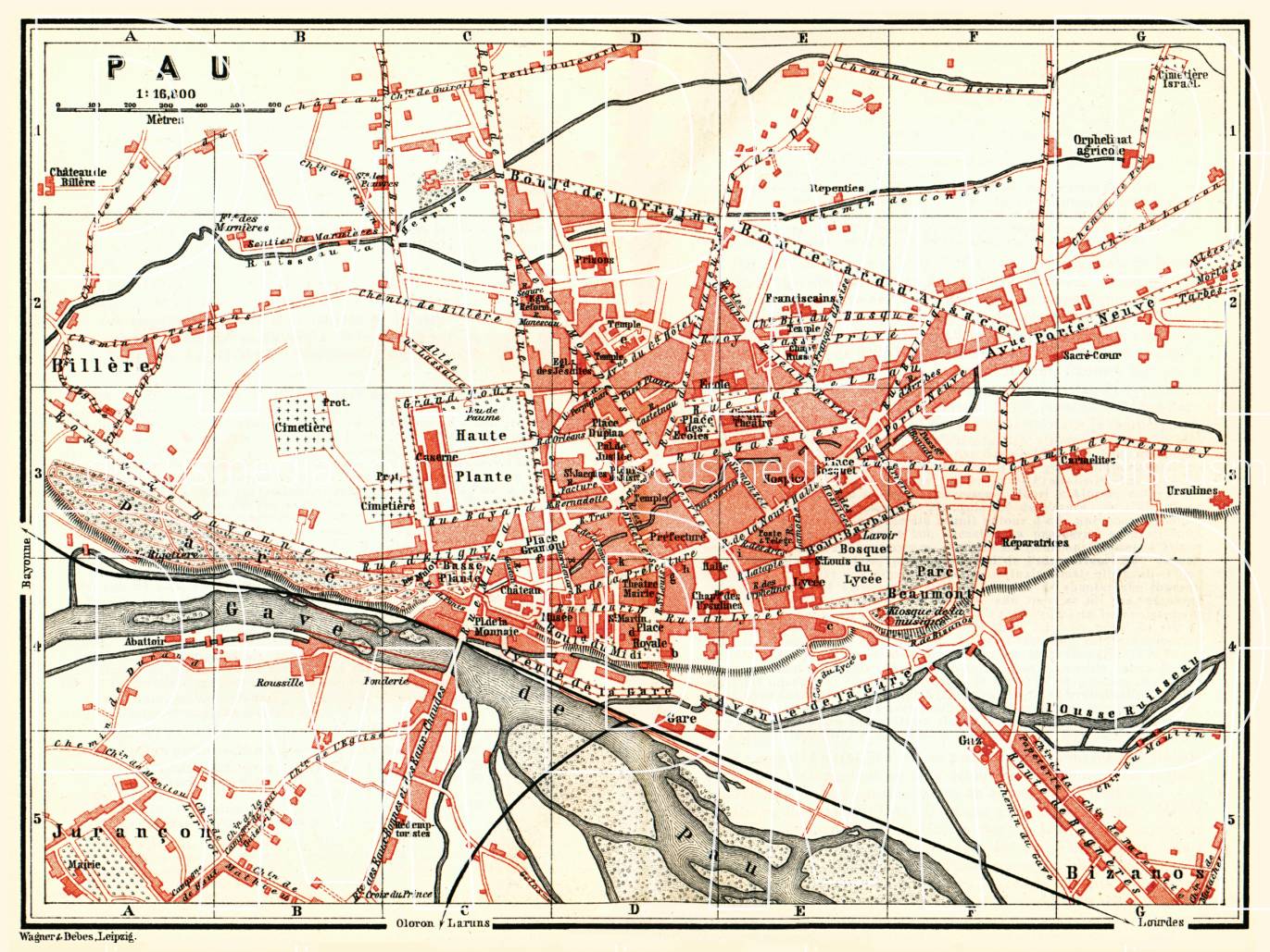 Old map of Pau in 1885. Buy vintage map replica poster print or download picture