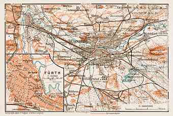 Map of the environs of Nürnberg (Nuremberg). Fürth city map, 1909