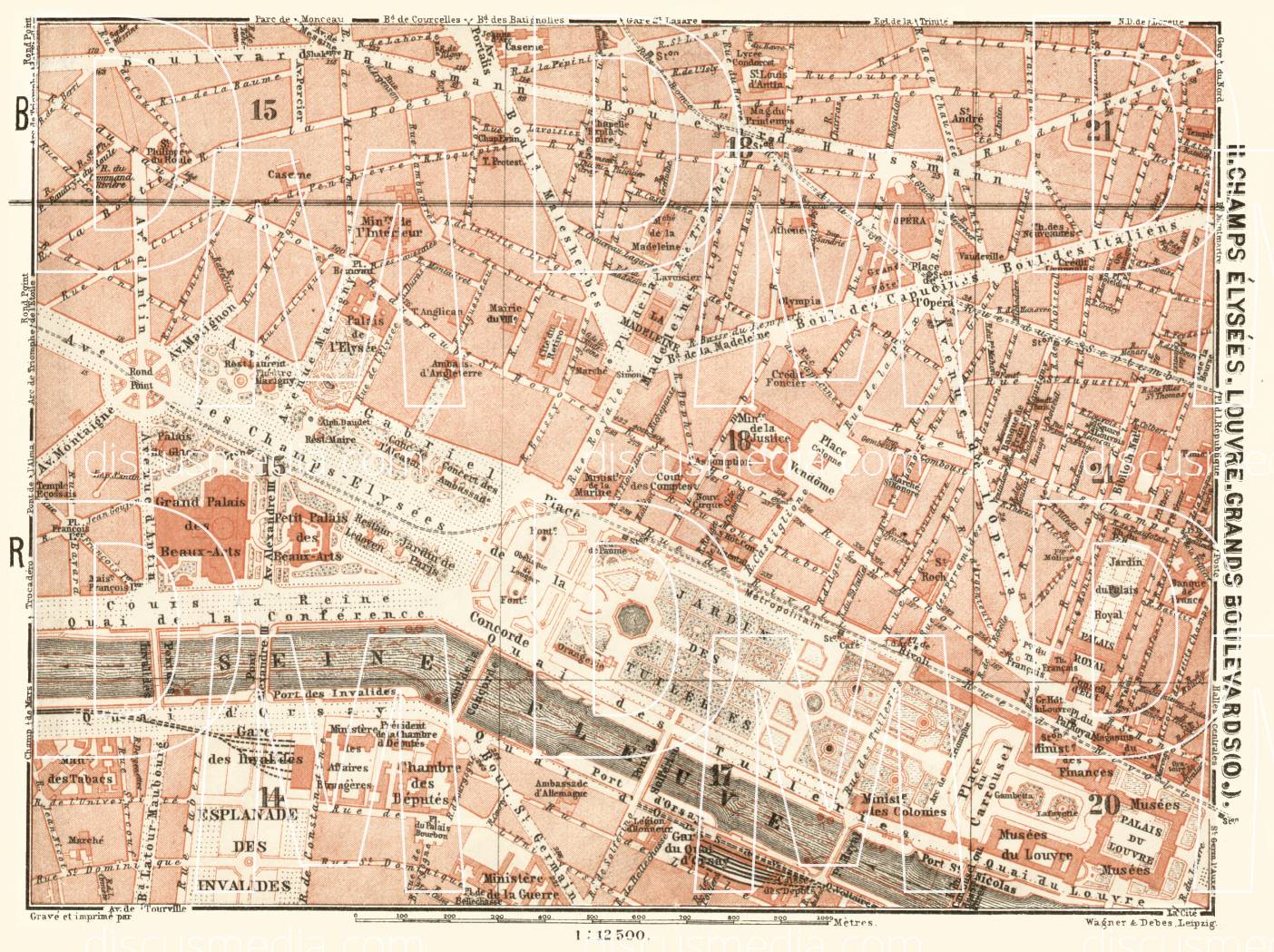 Old map of Champs-Élysées, Louvre and Grands Boulevards in Paris in ...