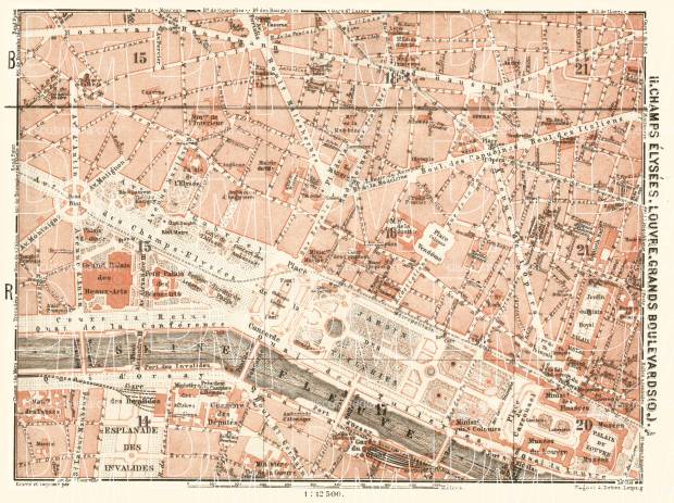 Old map of Champs-Élysées, Louvre and Grands Boulevards in Paris in ...