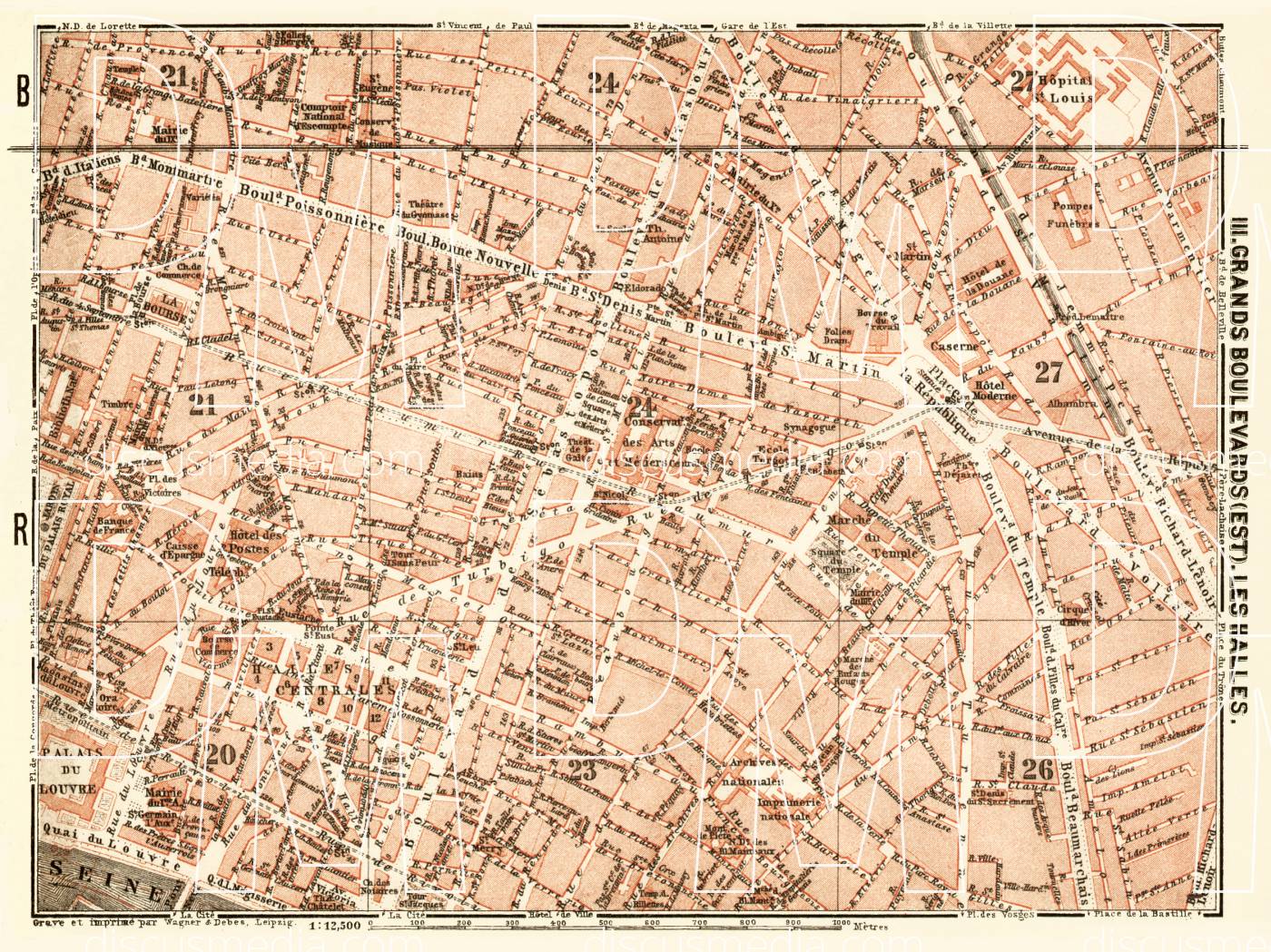 Old map of Grands Boulevards and Les Halles in Paris in 1903. Buy ...