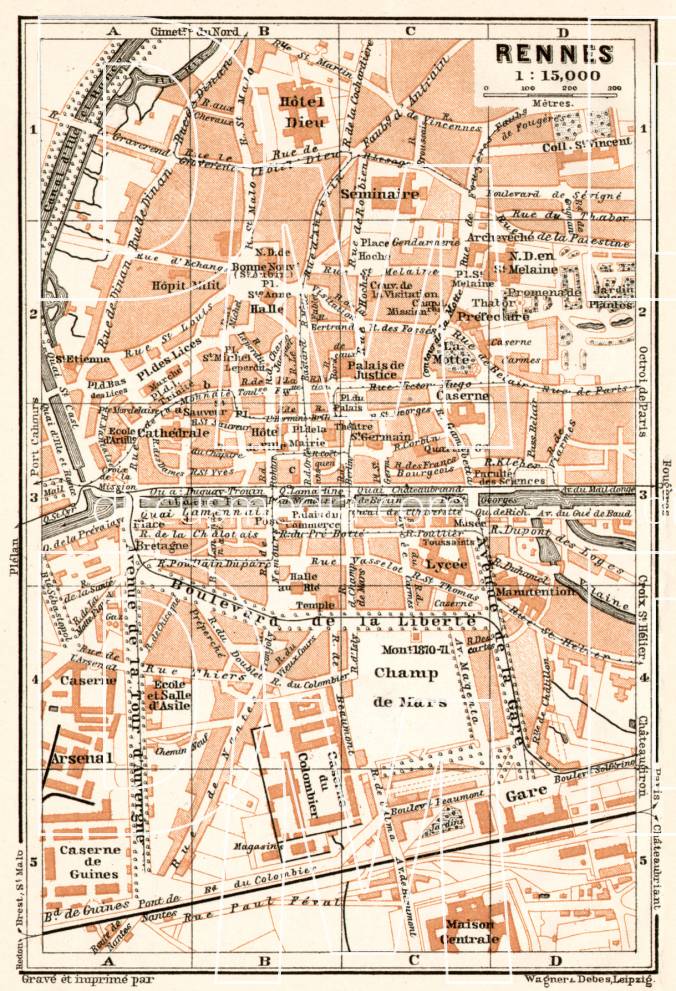 Old map of Rennes in 1909. Buy vintage map replica poster print or 