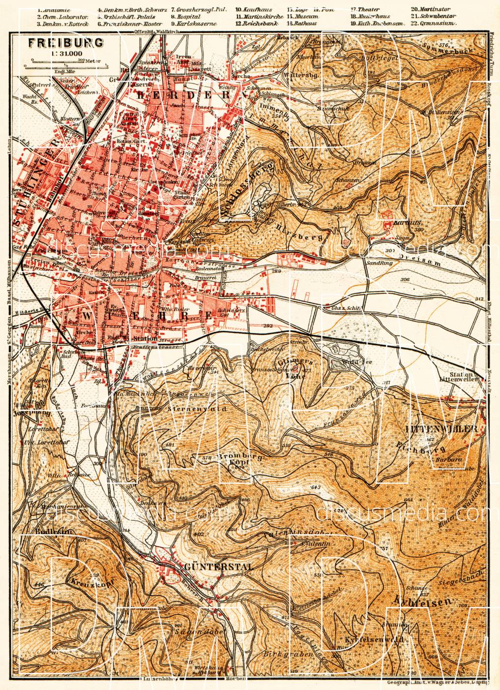 Old map of the vicinity of Freiburg im Breisgau in 1905. Buy vintage