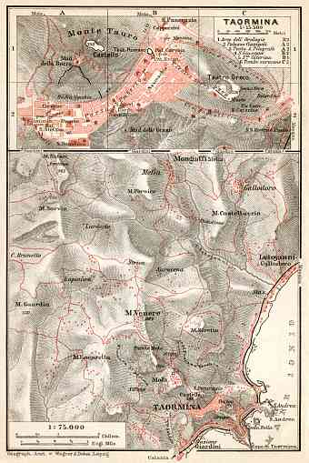 Taormina town plan. Environs of Taormina map, 1912