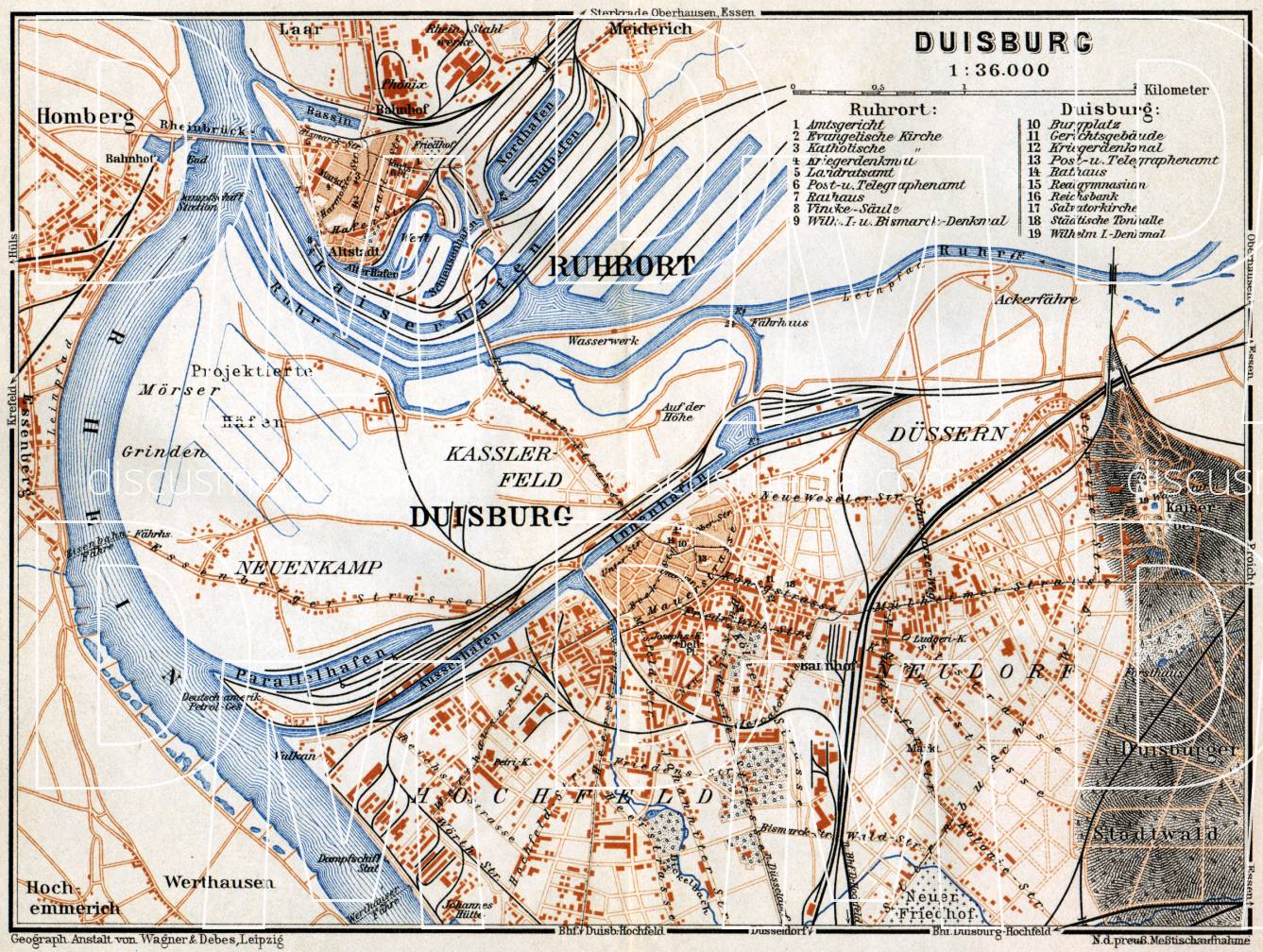 Old map of Duisburg in 1905. Buy vintage map replica poster print or