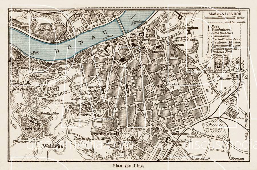 Old map of Linz in 1903. Buy vintage map replica poster print or