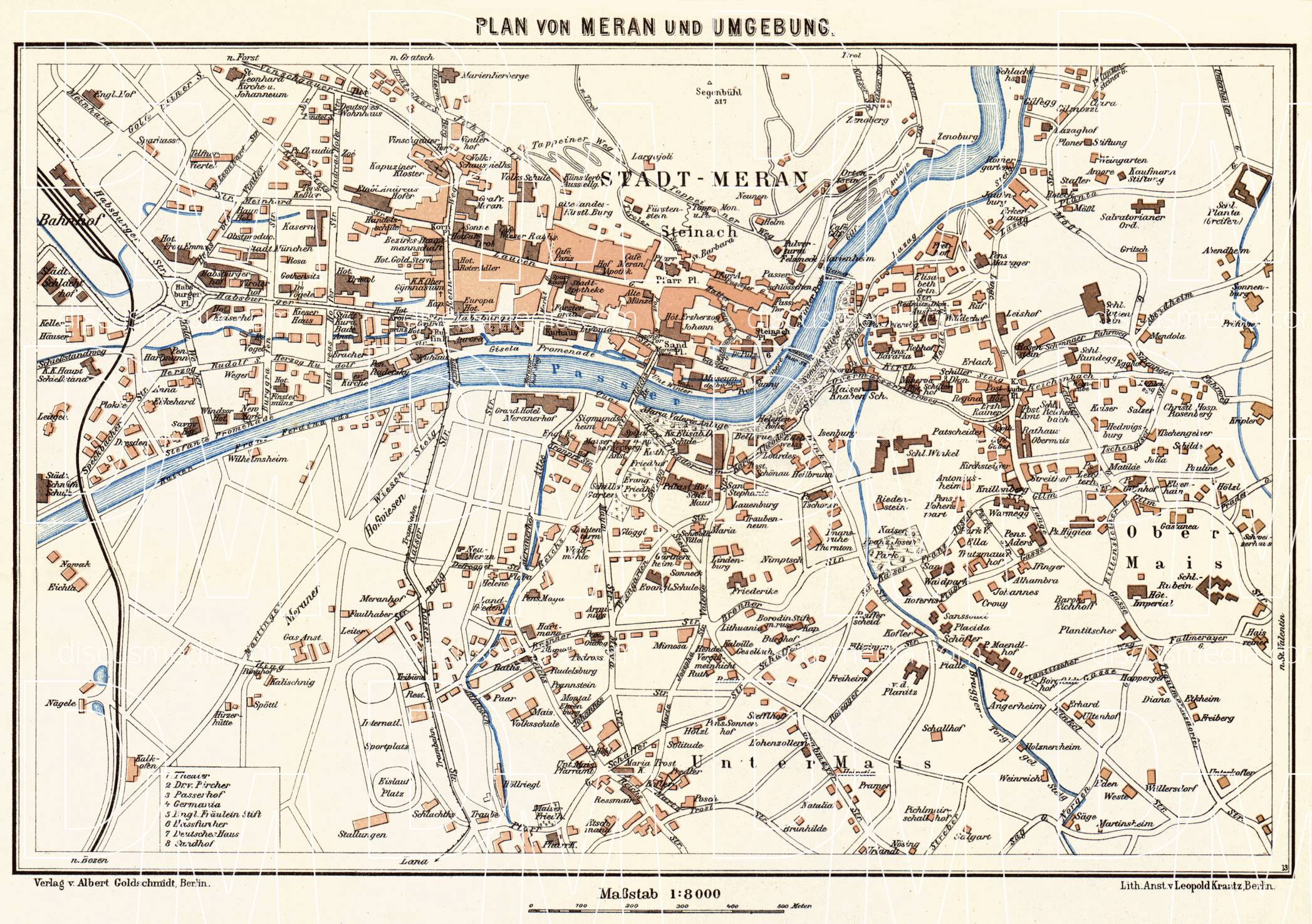 Old map of Meran (Merano) in 1911. Buy vintage map replica poster print