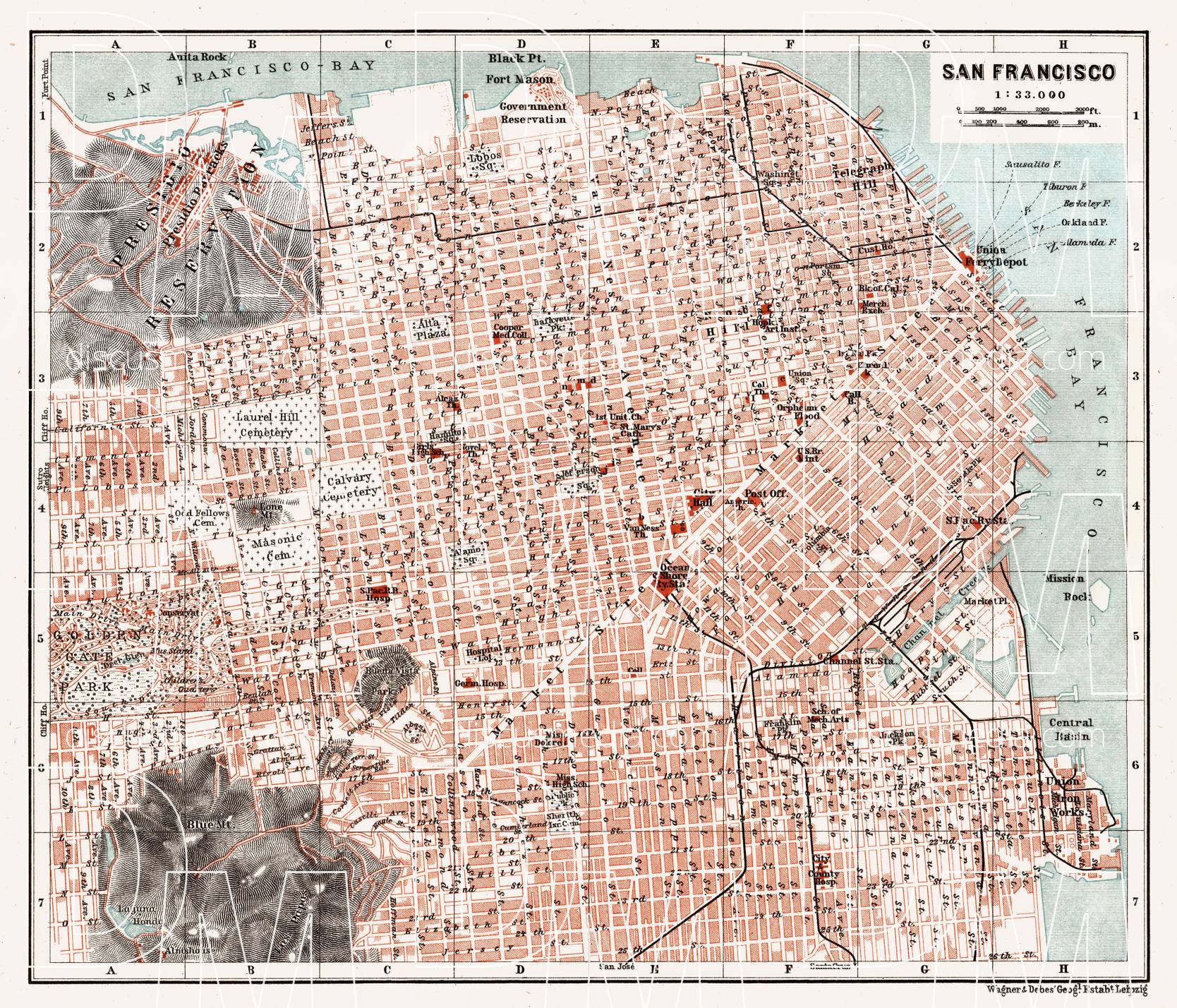 Old Map Of San Francisco In 1909 Buy Vintage Map Replica Poster Print   Fc56474de4e547c100a8c6a2e06469b9 