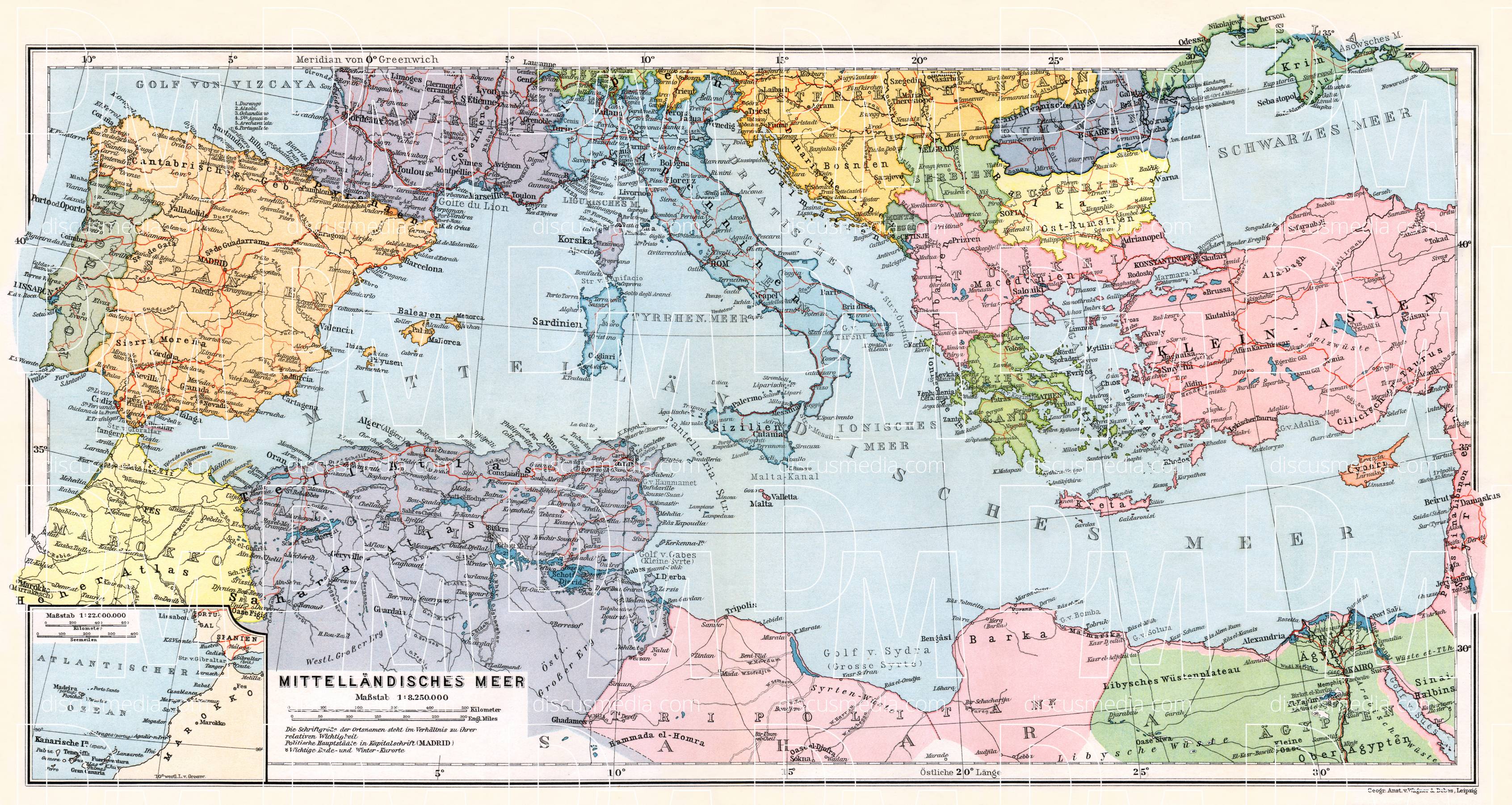 Old map of Mediterranean countries in 1909. Buy vintage map replica ...