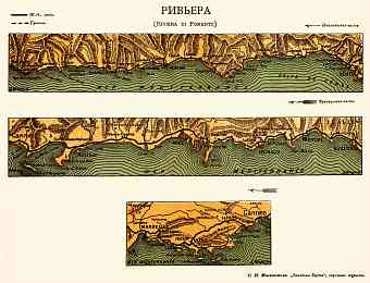 Western Italian sea coast on the map of French Riviera and Riviera di Ponente, 1900