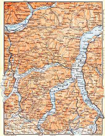 Northwest Italy on the map of Como and Lugano Lakes environs, 1898